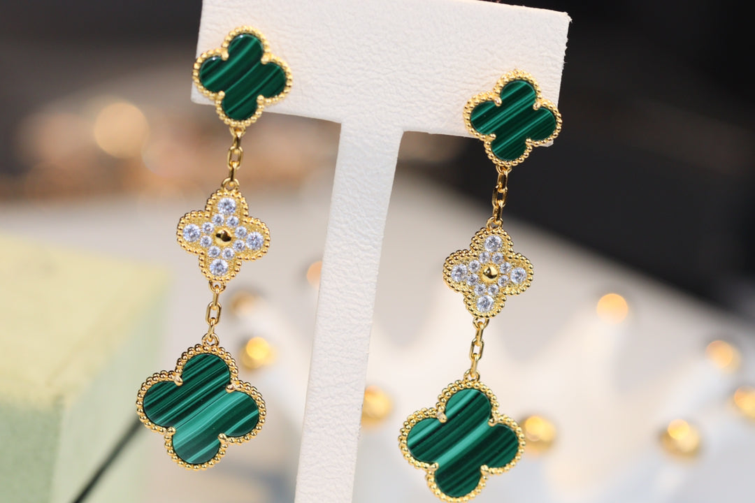 [Glow Jewelry]CLOVER EARRINGS GOLD MALACHITE DIAMOND 3 MOTIF