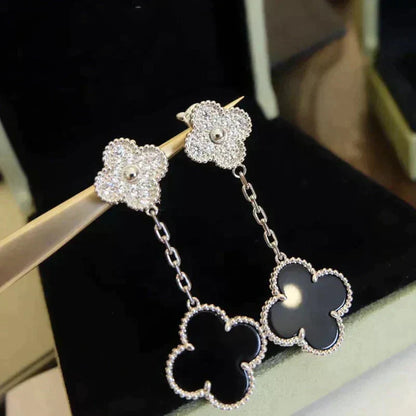 ¡®Glow Jewelry¡¯CLOVER 2 MOTIFS  DIAMOND ONYX EARRINGS SILVER