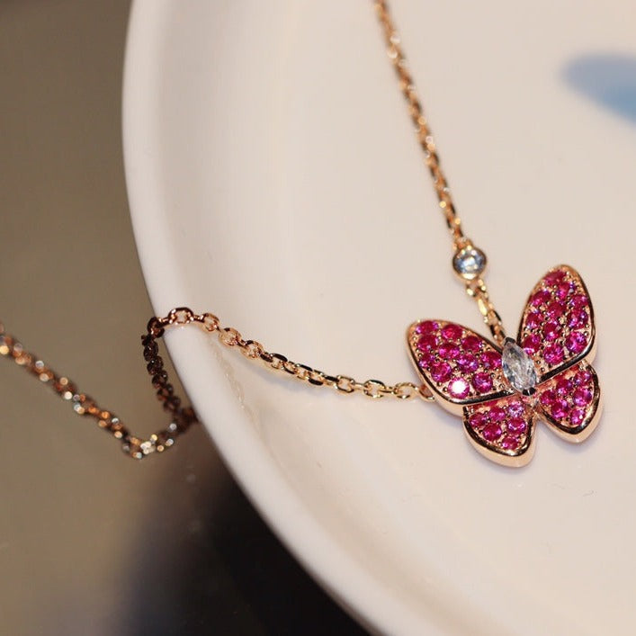 [Glow Jewelry]BUTTERFLY RED DIAMOND ROSE GOLD NECKLACE