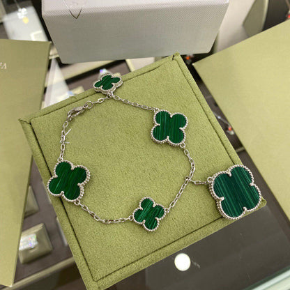 [Glow Jewelry]CLOVER 5 MOTIFS SIVLER MALACHITE BRACELET