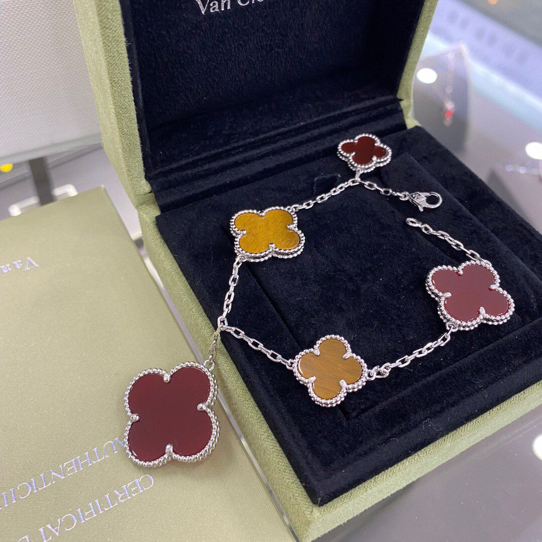 [Glow Jewelry]CLOVER 5 MOTIFS SIVLER CARNELIAN TIGER EYE BRACELET