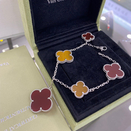 ¡®Glow Jewelry¡¯CLOVER 5 MOTIFS SIVLER CARNELIAN TIGER EYE BRACELET