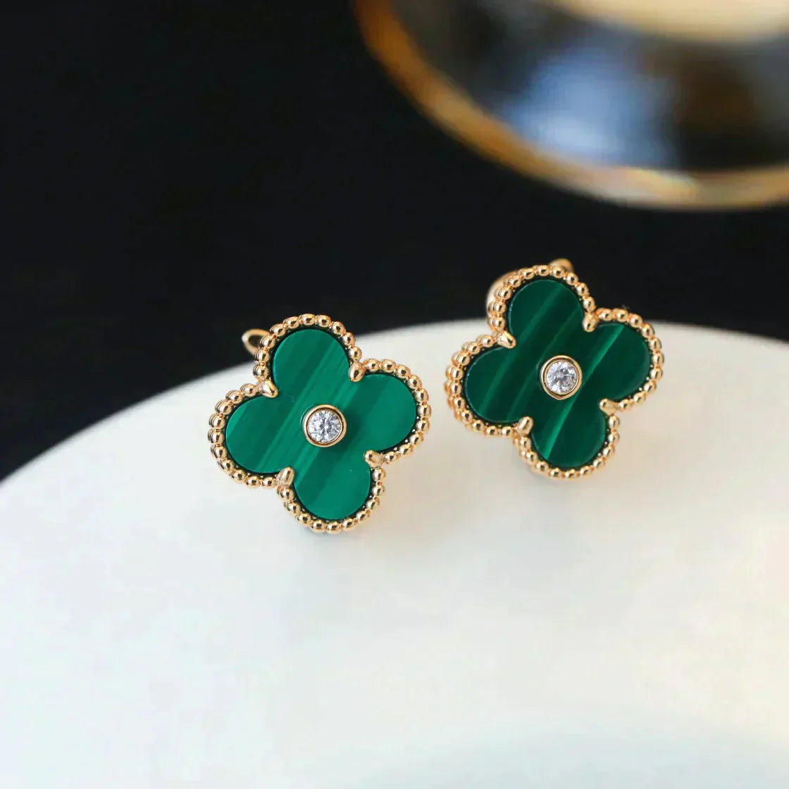 [Glow Jewelry]CLOVER MEDIUM 1 MOTIFS MALACHITE DIAMOND EARRINGS