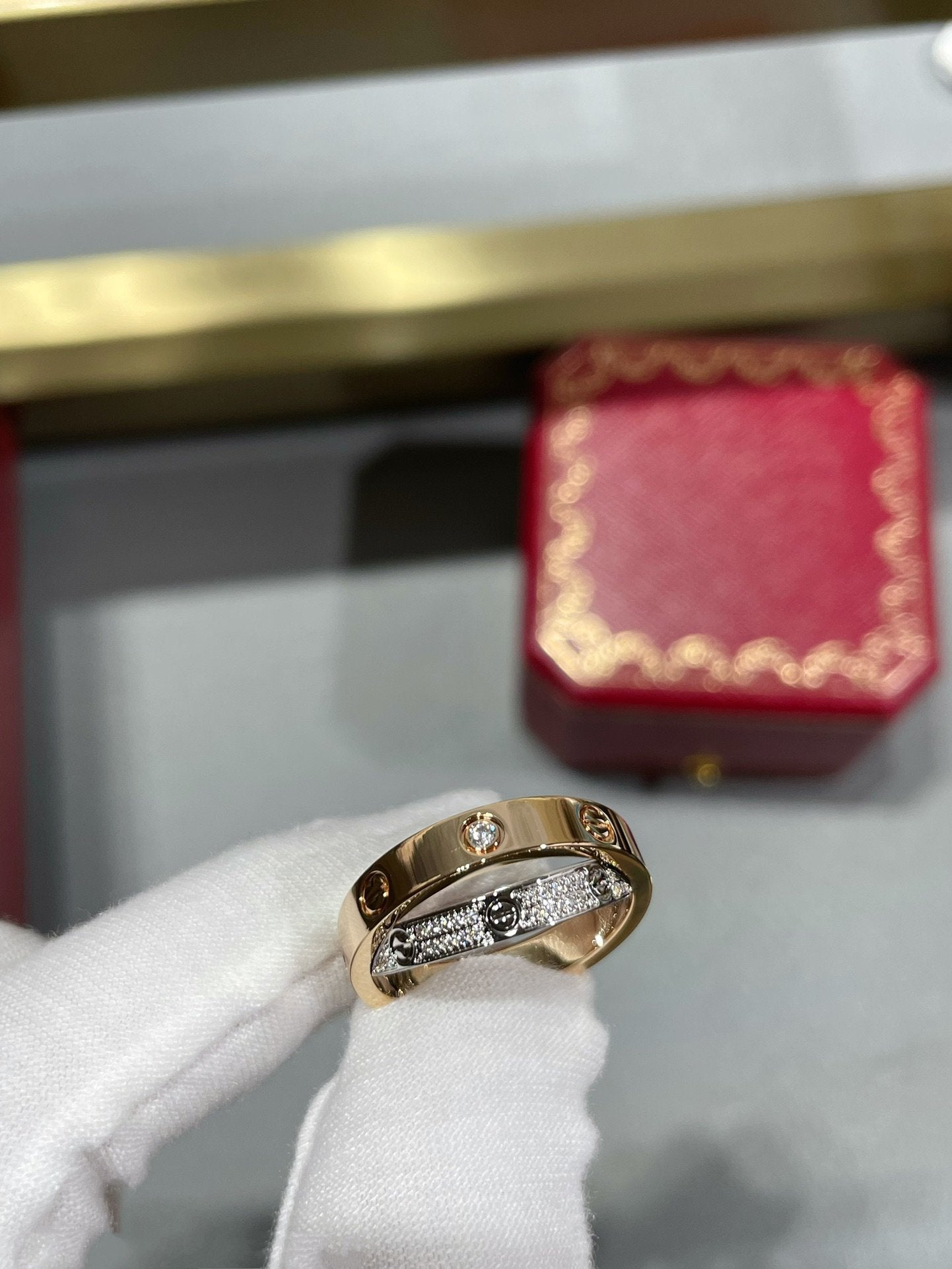 [Glow Jewelry]LOVE PINK GOLD SILVER DIAMOND DOUBLE RING