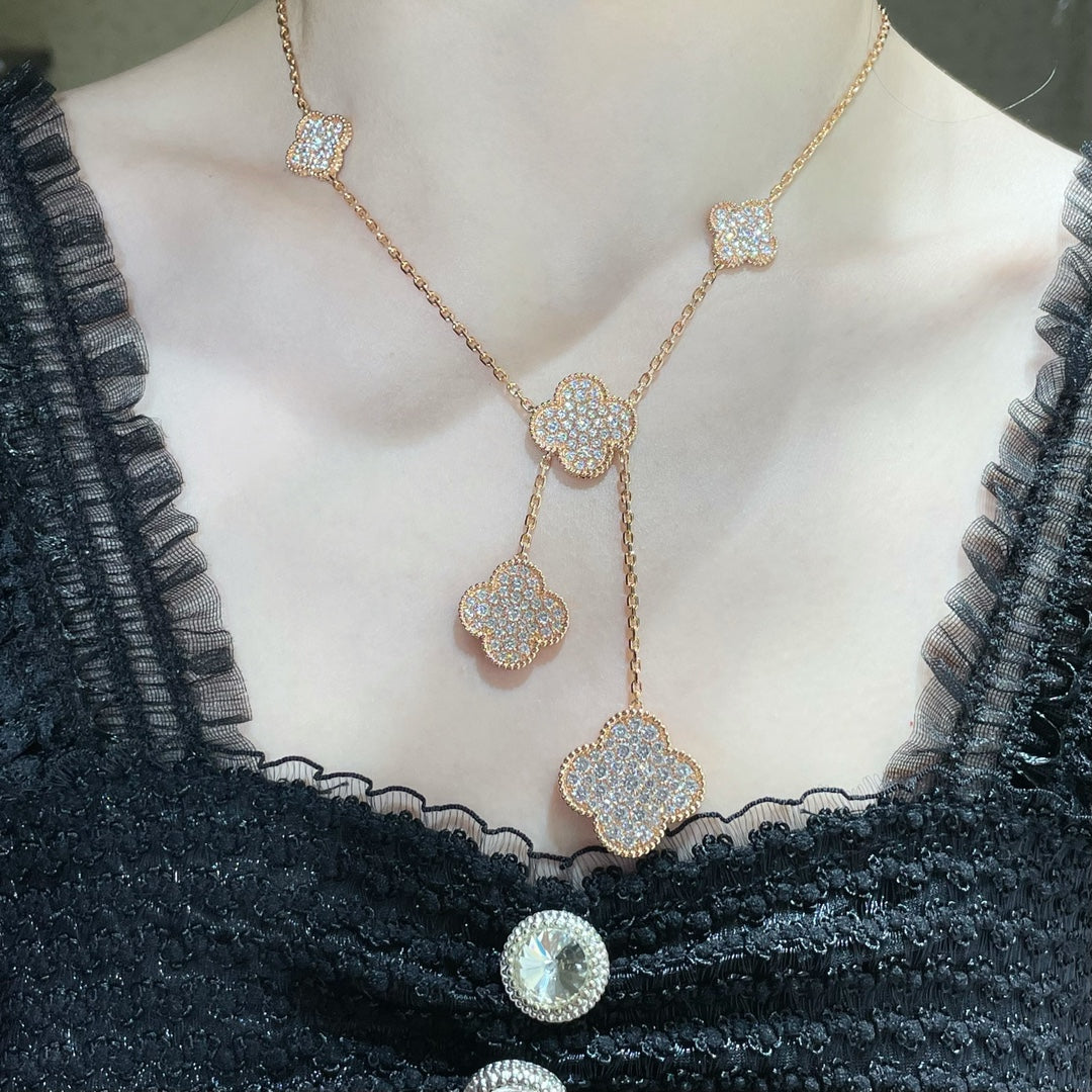 [Glow Jewelry]CLOVER 6 MOTIF DIAMOND PAVED NECKLACE