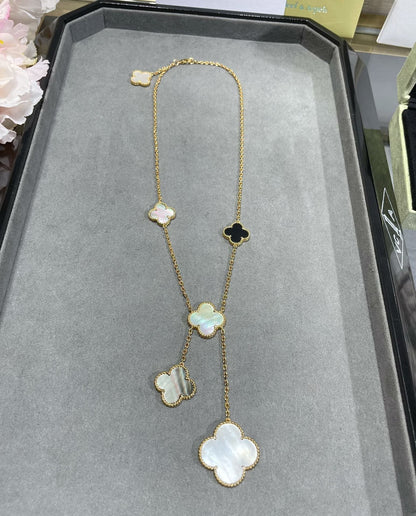 [Glow Jewelry]CLOVER 6 MOTIF MOP ONYX GOLD NECKLACE