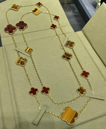 [Glow Jewelry]CLOVER 16 MOTIF CARNELIAN TIGER EYE ROSE GOLD NECKLACE