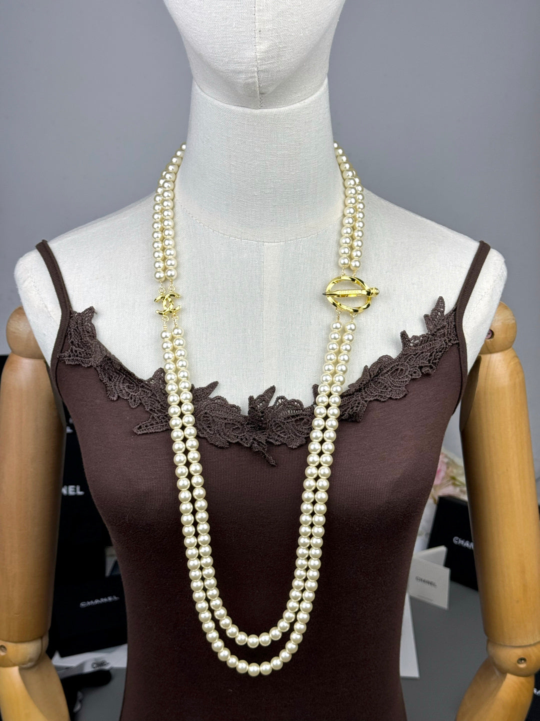[Glow Jewelry]25K Pencil Double C Double-Layer Pearl Sweater Chain
