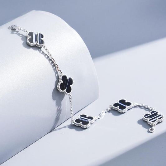 ¡®Glow Jewelry¡¯CLOVER 5 MOTIF VEINED ONYX BRACELET SILVER