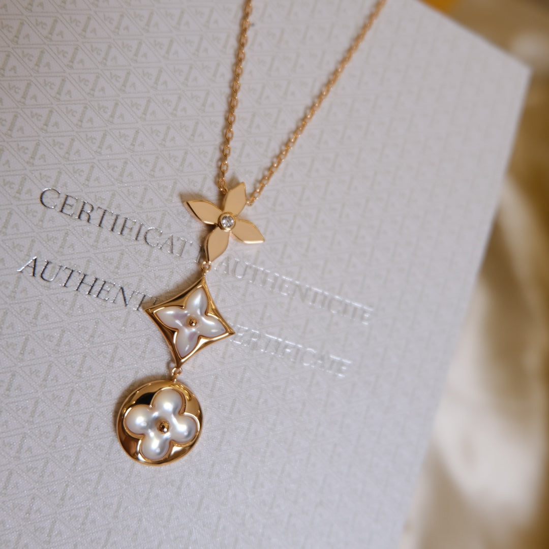 [Glow Jewelry]COLOR BLOSSOM LARIAT NECKLACE PINK GOLD WHITE MOTHER PEARL AND DIAMOND