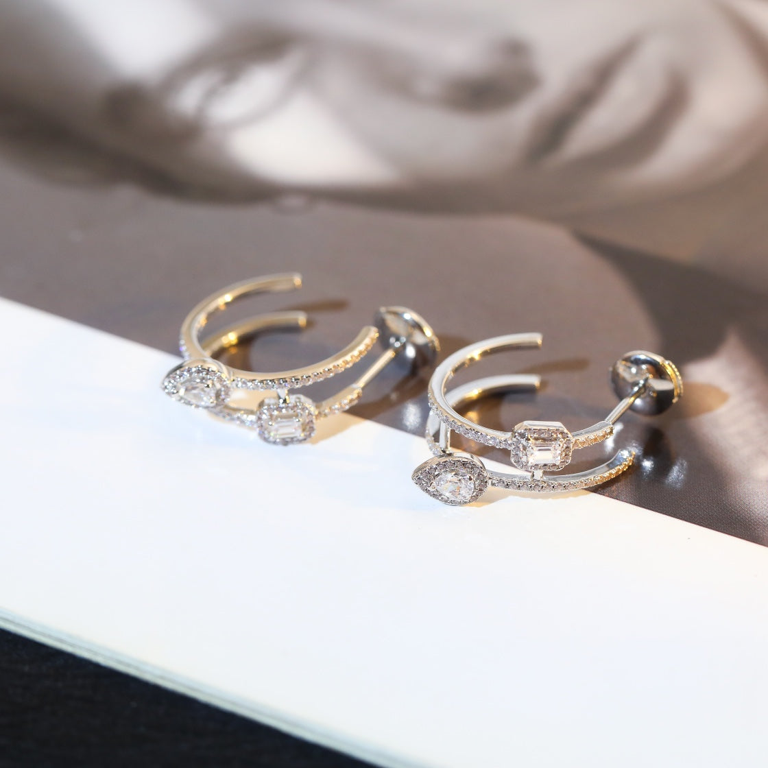 [Glow Jewelry]CREOLES MY TWIN 2 RANGS SILVER DIAMOND EARRINGS