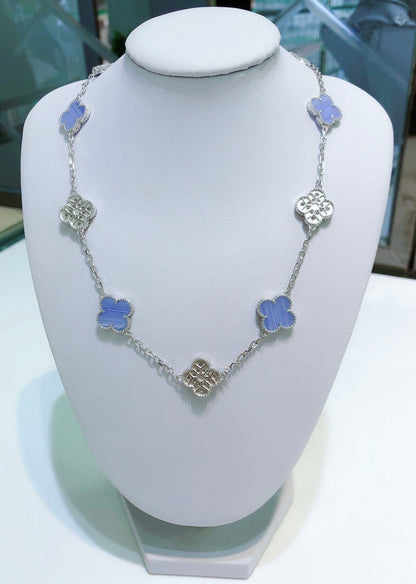 ¡®Glow Jewelry¡¯CLOVER 10 MOTIFS CHALCEDONY DIAMONDS SILVER NECKLACE