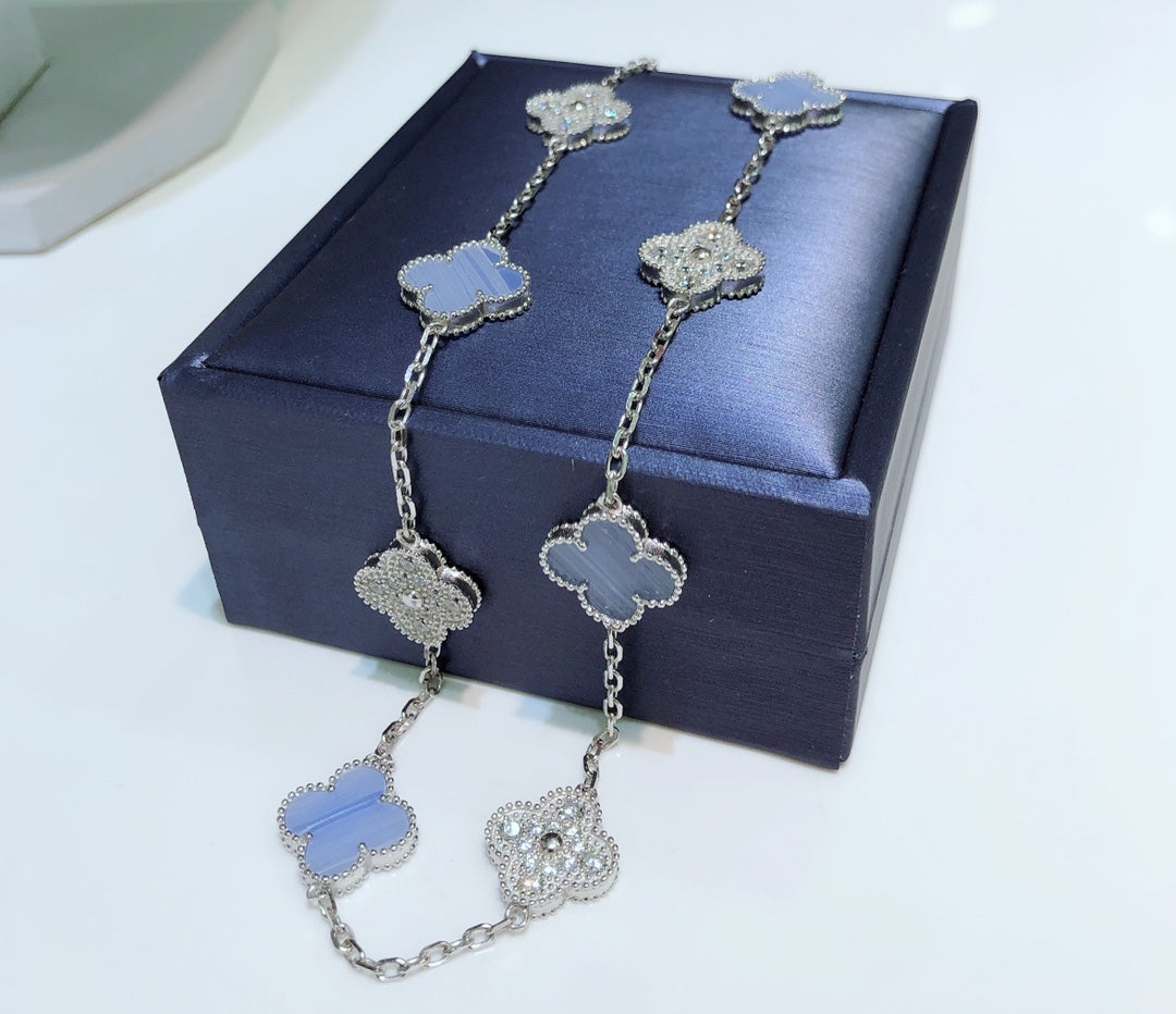 [Glow Jewelry]CLOVER 10 MOTIFS CHALCEDONY DIAMONDS SILVER NECKLACE