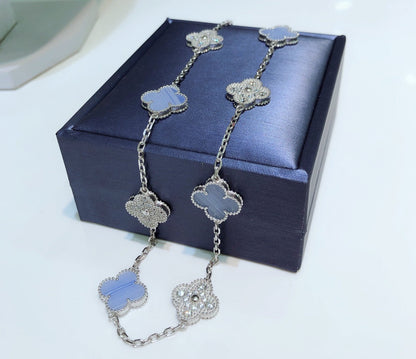 [Glow Jewelry]CLOVER 10 MOTIFS CHALCEDONY DIAMONDS SILVER NECKLACE